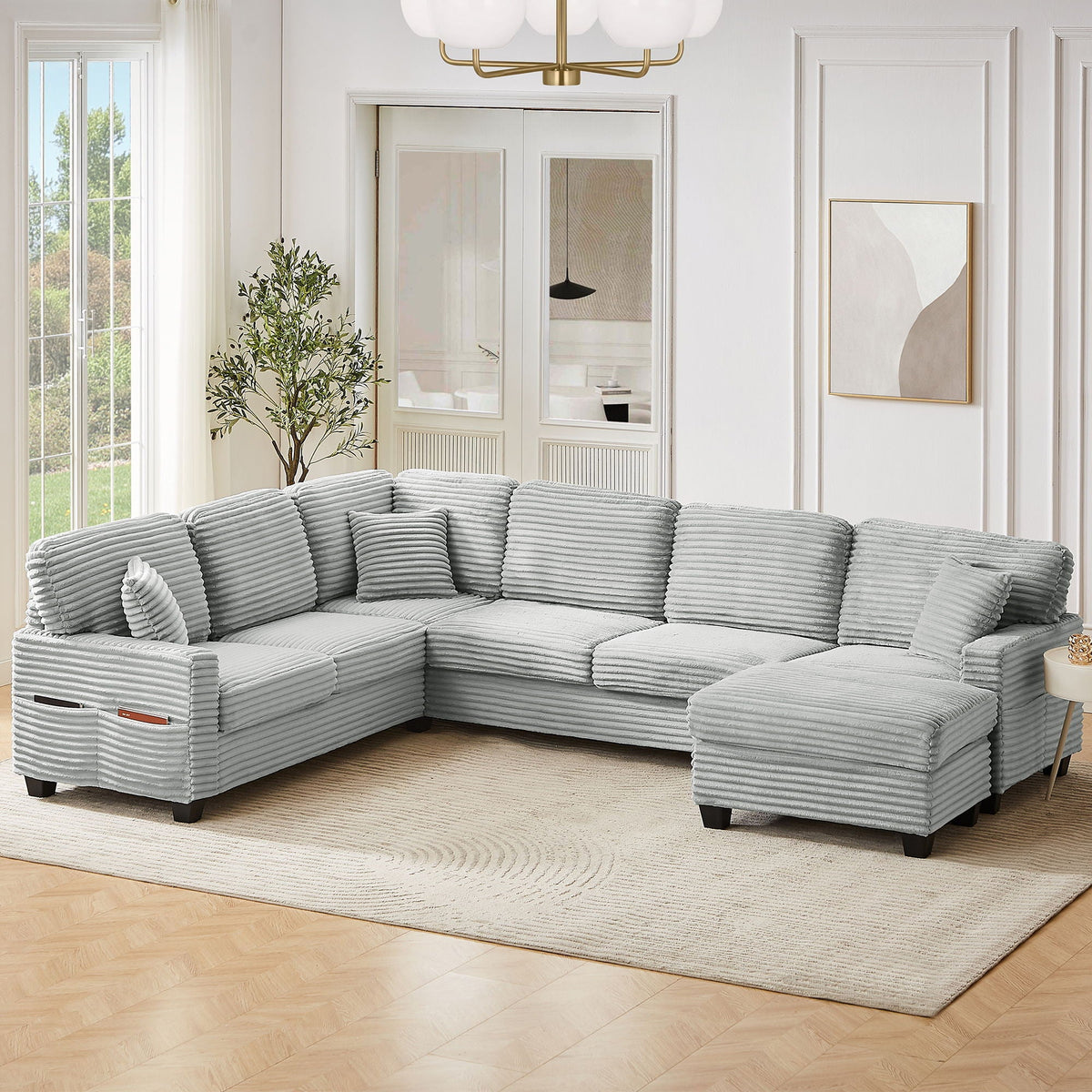 Upholstered U-Shaped Sectional Sofa with Movable Ottoman and Storage Pockets - Multiple Colors