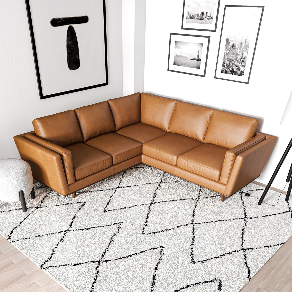 Tan Leather Corner Sectional Sofa with Eucalyptus Wood Frame - Tan