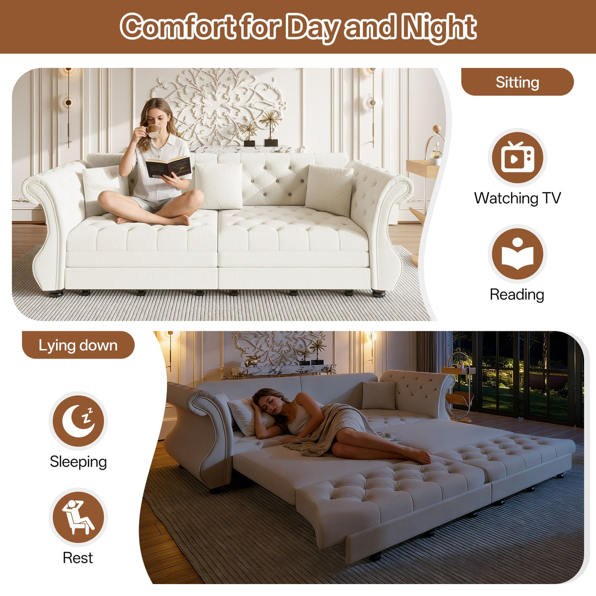 Oversized Chesterfield Pull Out Sofa Bed, Roll Arm Couch