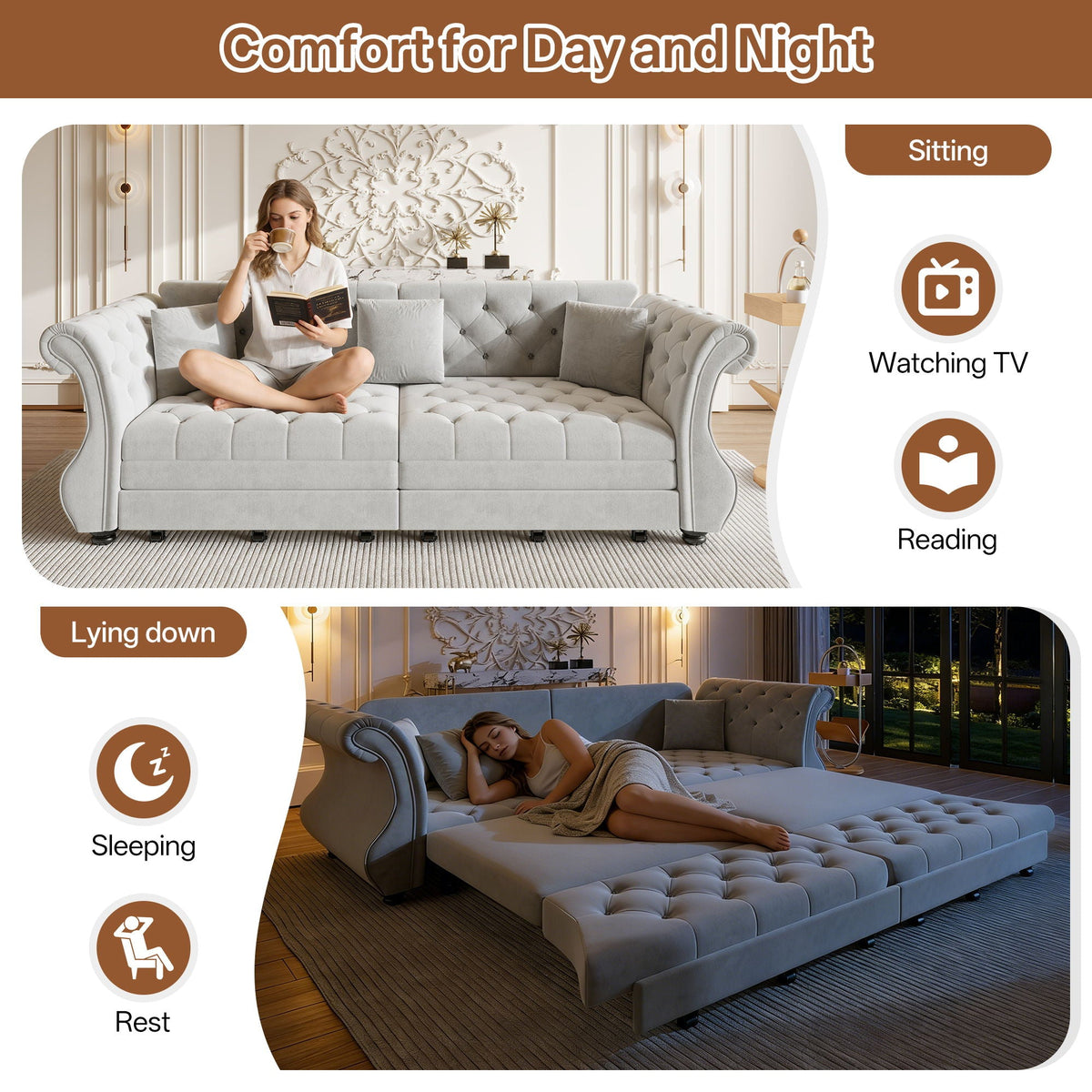 Oversized Chesterfield Pull Out Sofa Bed, Roll Arm Couch