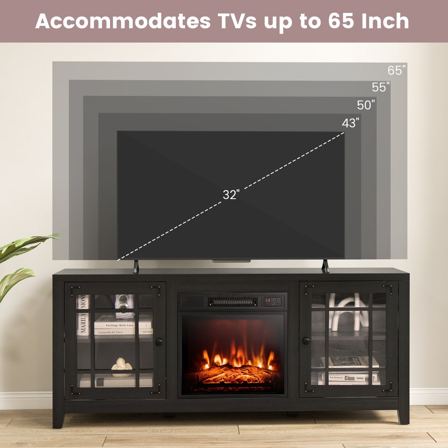 58 Inch Fireplace TV Stand with Adjustable Shelves for TVs up to 65 Inch-Black