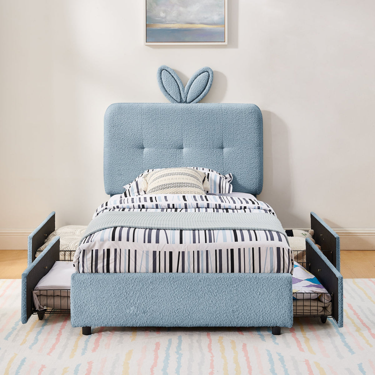 Twin Size Kids Upholstered Bed with Rabbit Ear Headboard & Storage - White Boucle