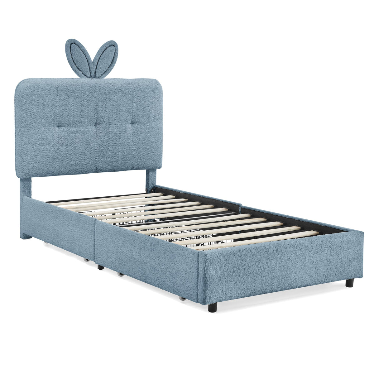 Twin Size Kids Upholstered Bed with Rabbit Ear Headboard & Storage - White Boucle