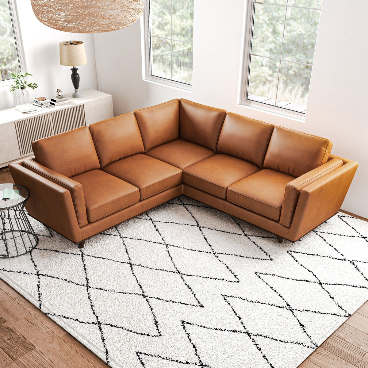 Tan Leather Corner Sectional Sofa with Eucalyptus Wood Frame - Tan
