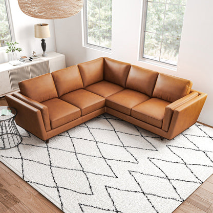 Tan Leather Corner Sectional Sofa with Eucalyptus Wood Frame - Tan