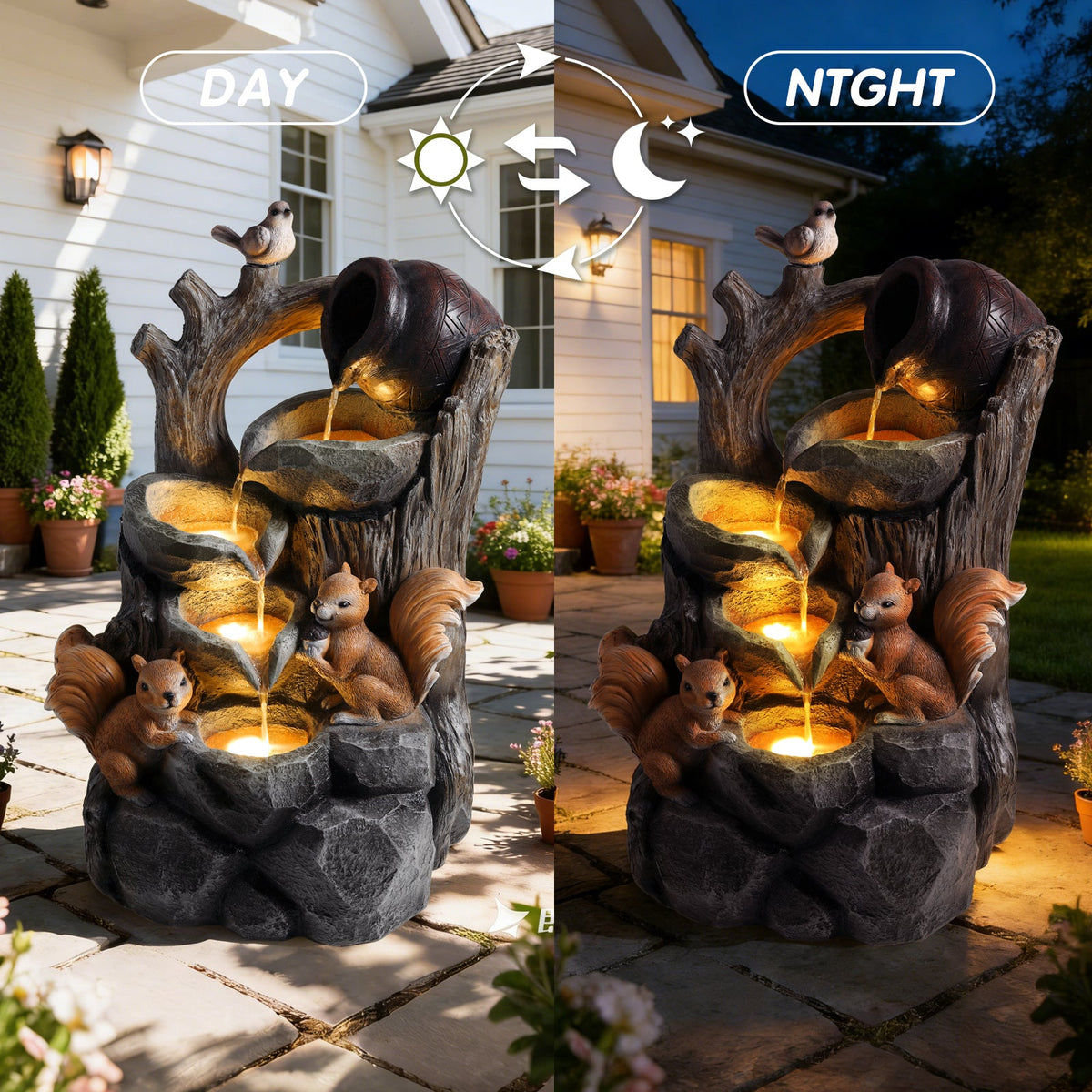 Squirrel Outdoor Water Fountain with Lights