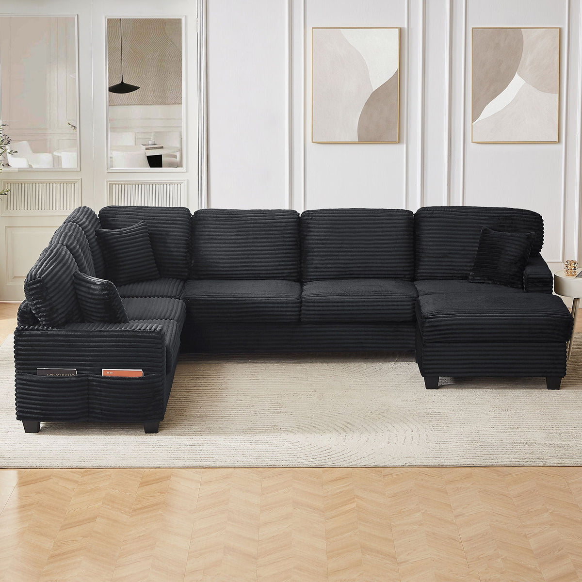 Upholstered U-Shaped Sectional Sofa with Movable Ottoman and Storage Pockets - Multiple Colors