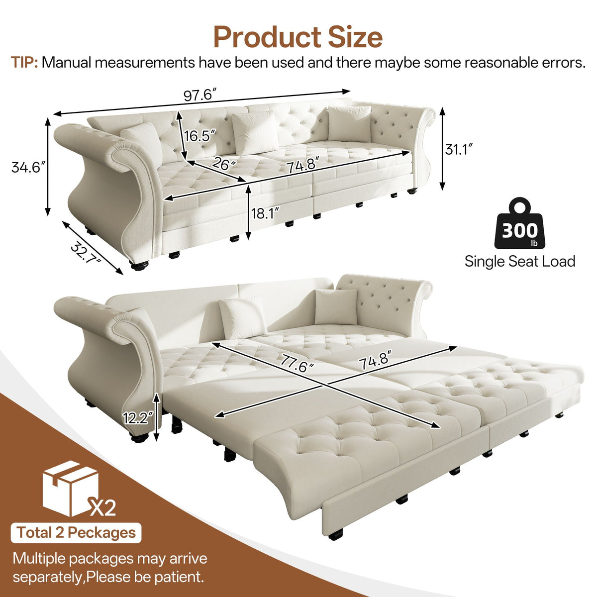 Oversized Chesterfield Pull Out Sofa Bed, Roll Arm Couch