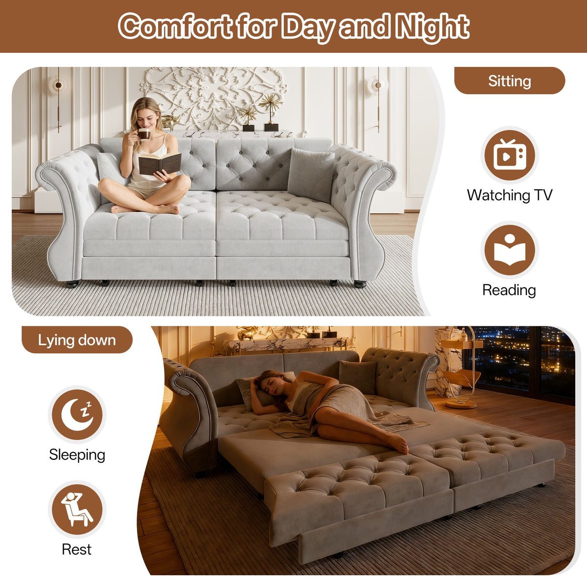 Oversized Chesterfield Pull Out Sofa Bed, Roll Arm Couch