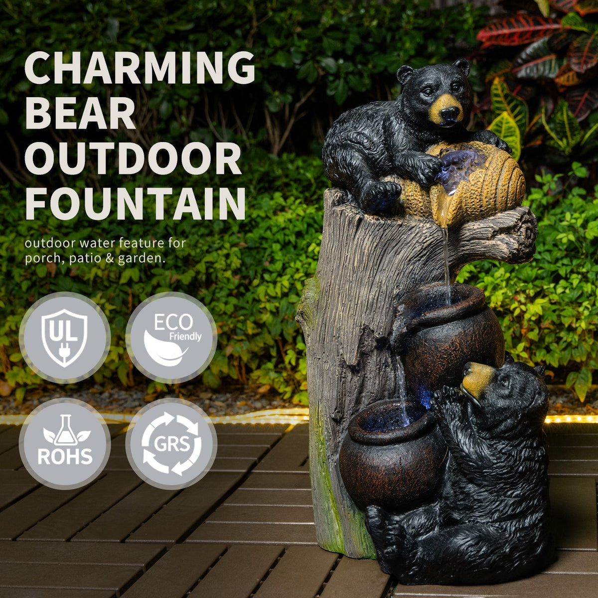 Bear Outdoor Water Fountain with LED Lights - Brown Grey