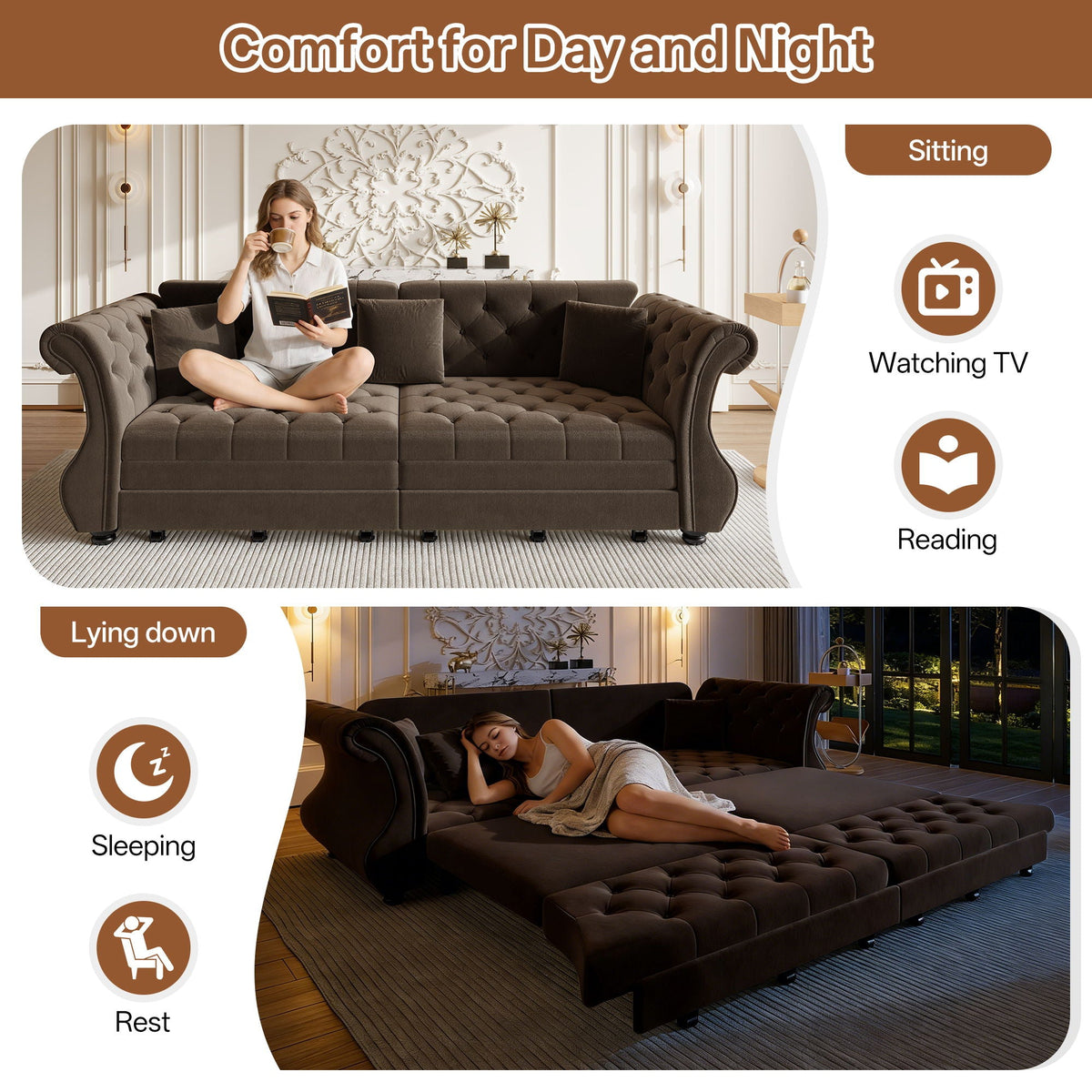 Oversized Chesterfield Pull Out Sofa Bed, Roll Arm Couch
