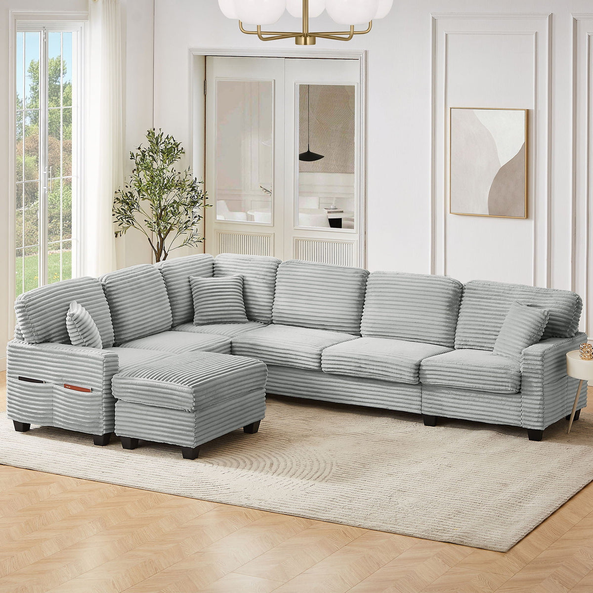 Upholstered U-Shaped Sectional Sofa with Movable Ottoman and Storage Pockets - Multiple Colors