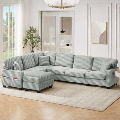 Upholstered U-Shaped Sectional Sofa with Movable Ottoman and Storage Pockets - Multiple Colors