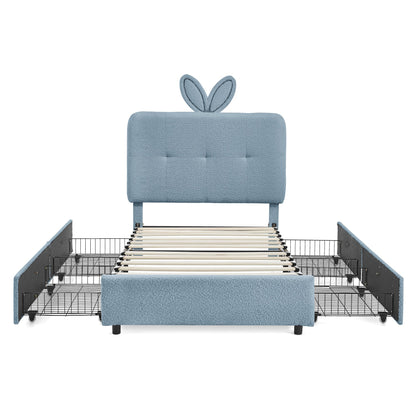Twin Size Kids Upholstered Bed with Rabbit Ear Headboard & Storage - White Boucle