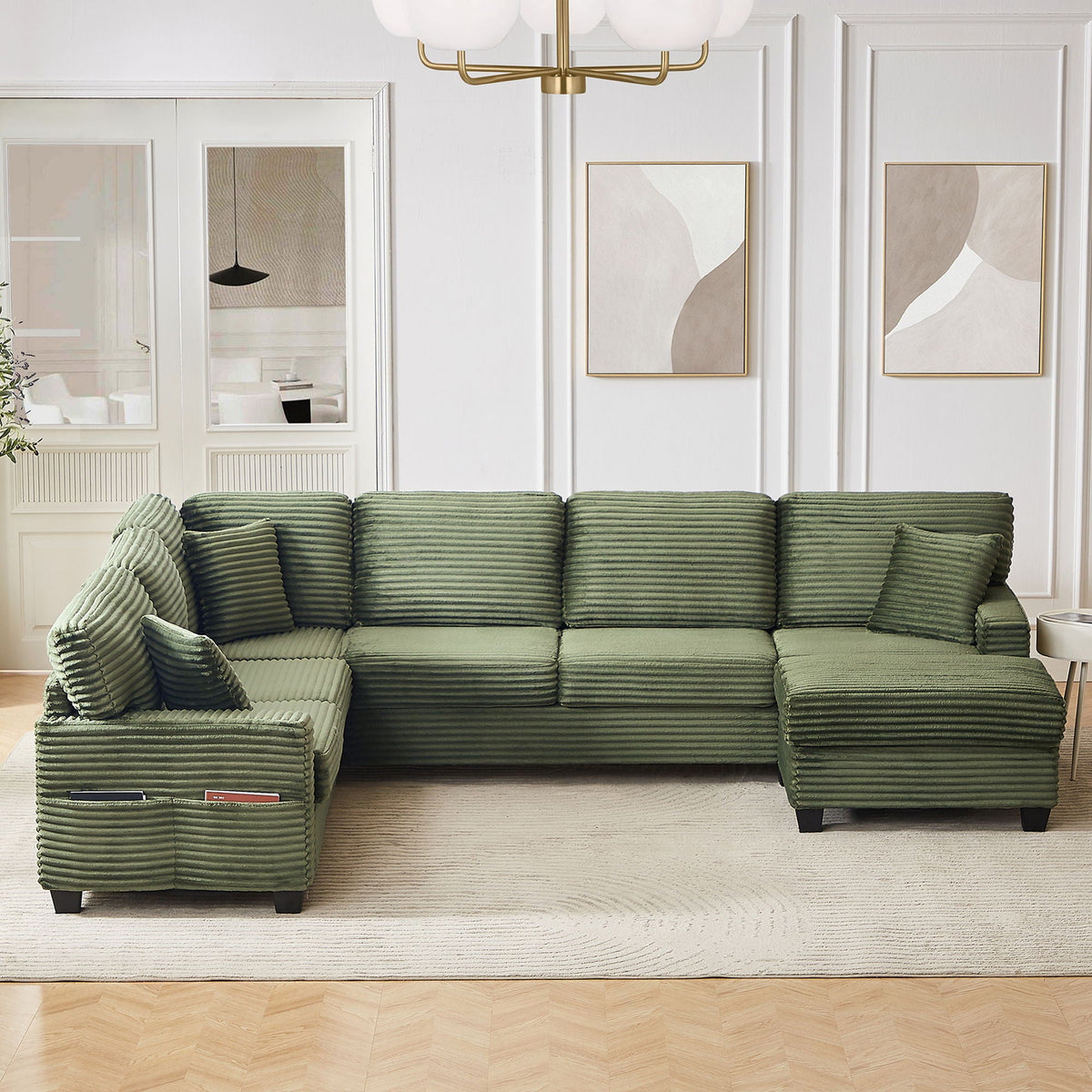 Upholstered U-Shaped Sectional Sofa with Movable Ottoman and Storage Pockets - Multiple Colors