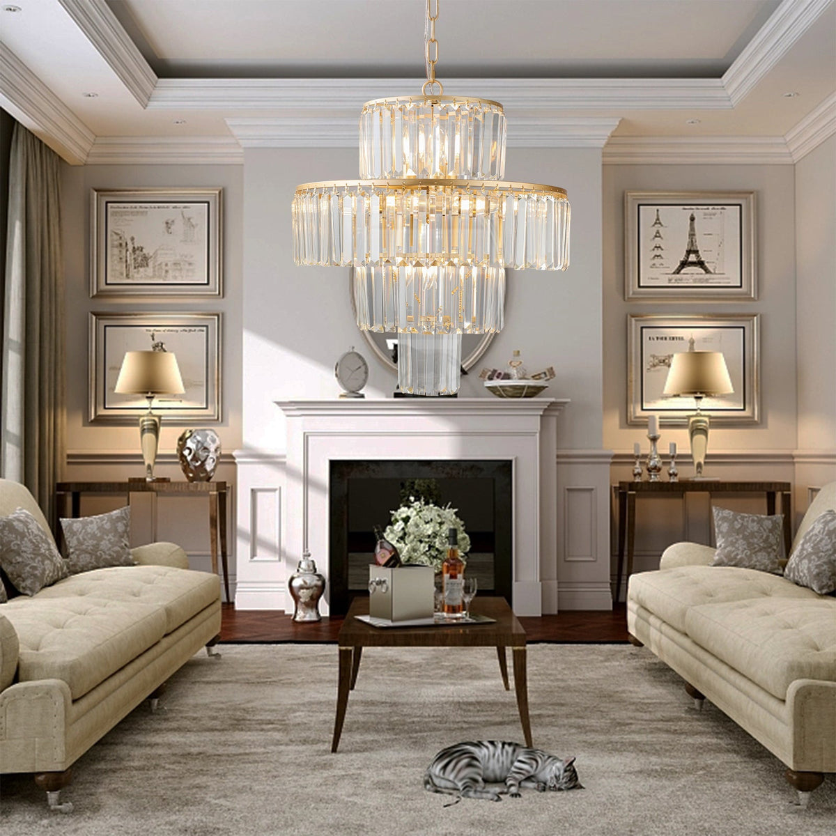 (Same as W1340126461/L5023) 20' Luxury 4-Tier Crystal Chandelier, 12-Light Gold Frame Pendant Light, Elegant Ceiling Lighting for Living Room, Dining Room, Bedroom (No Bulbs)