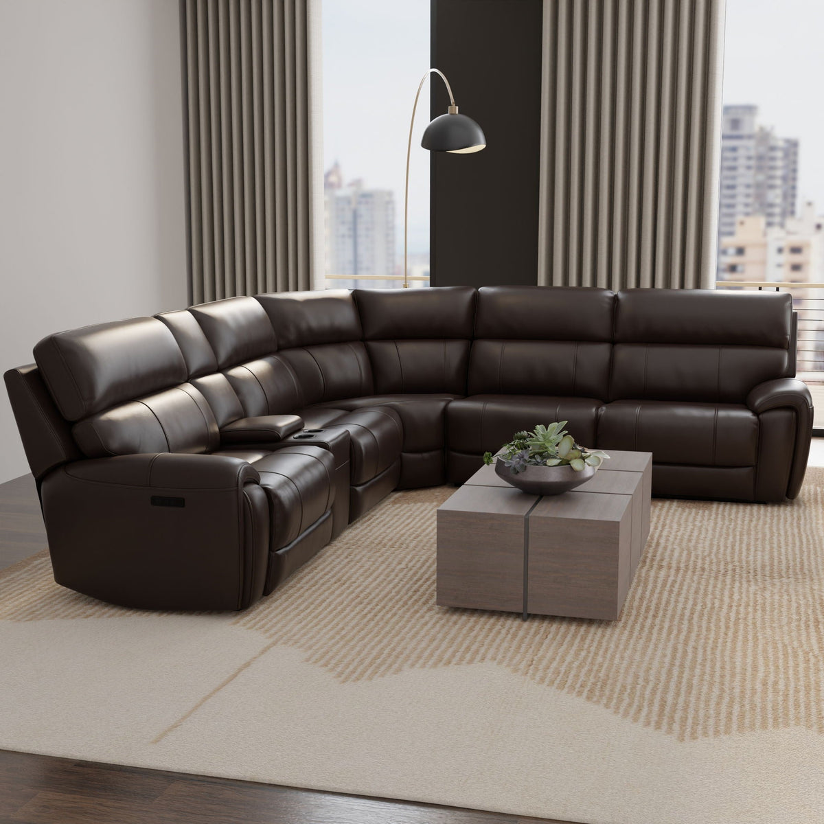 Power Sectional with Adjustable Headrest & Footrest - Dark Brown Leather