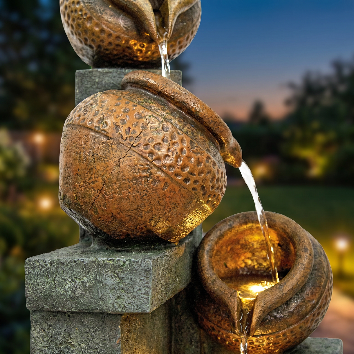 Outdoor 4-Tier Water Fountain with LED Lights - Brown Resin