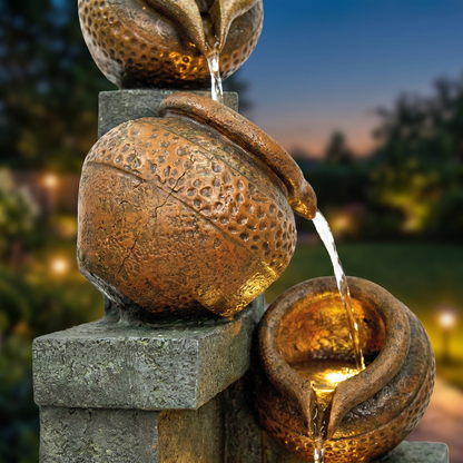 Outdoor 4-Tier Water Fountain with LED Lights - Brown Resin