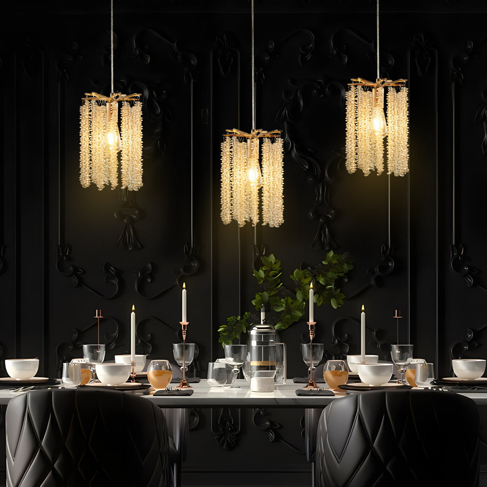 Crystal Pendant Lights Set of 3 | Luxury Waterfall Bead Design, Gold Finish Chandelier for Kitchen Island