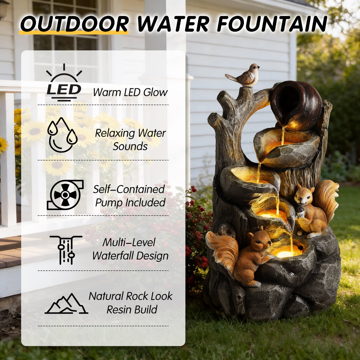 Squirrel Outdoor Water Fountain with Lights