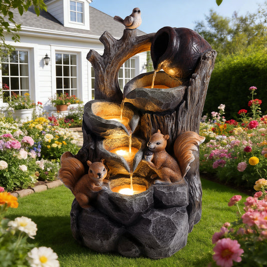 Squirrel Outdoor Water Fountain with Lights