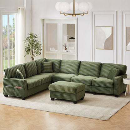 Upholstered U-Shaped Sectional Sofa with Movable Ottoman and Storage Pockets - Multiple Colors