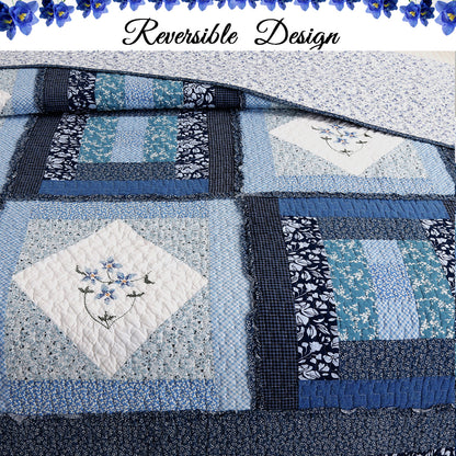 Moyle Blue Real Patchwork Embroidered Floral Ruffle Cotton 3-Piece Reversible Quilt Bedding Set