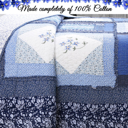 Moyle Blue Real Patchwork Embroidered Floral Ruffle Cotton 3-Piece Reversible Quilt Bedding Set
