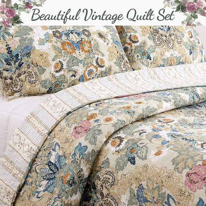 Pylle Hill Floral Cotton 3-Piece Reversible Quilt Bedding Set