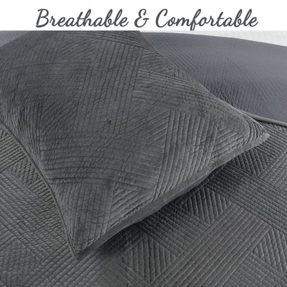 Soft Velvet Basket Weave Stripe Solid Blue or Grey 3-Piece Reversible Quilt Bedding Set