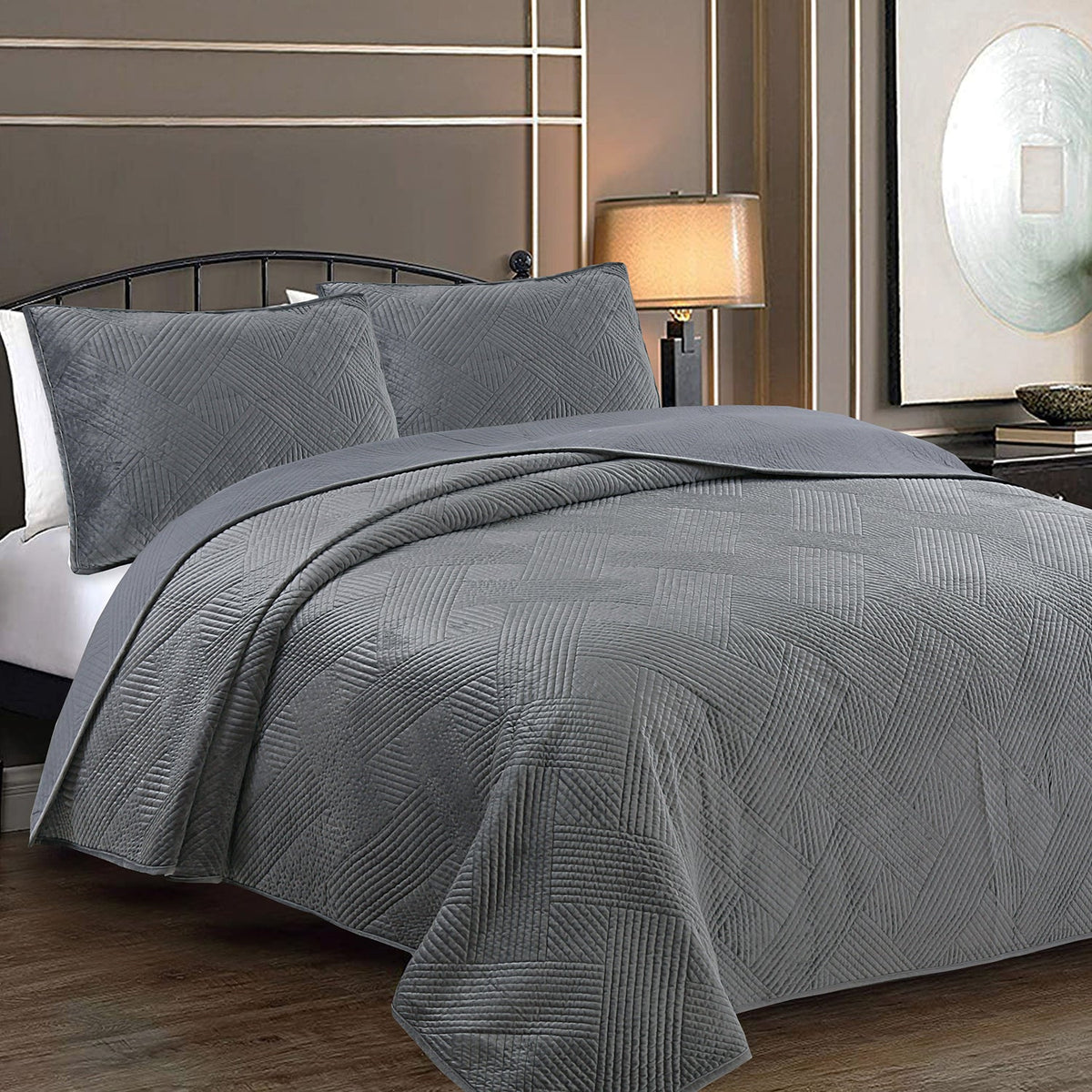 Soft Velvet Basket Weave Stripe Solid Blue or Grey 3-Piece Reversible Quilt Bedding Set