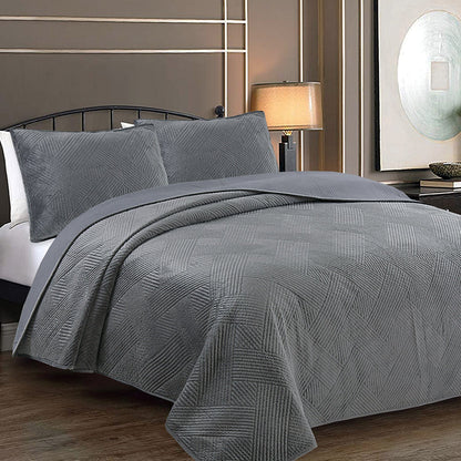 Soft Velvet Basket Weave Stripe Solid Blue or Grey 3-Piece Reversible Quilt Bedding Set