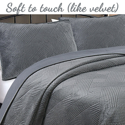 Soft Velvet Basket Weave Stripe Solid Blue or Grey 3-Piece Reversible Quilt Bedding Set