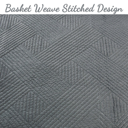 Soft Velvet Basket Weave Stripe Solid Blue or Grey 3-Piece Reversible Quilt Bedding Set
