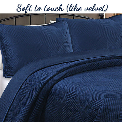 Soft Velvet Basket Weave Stripe Solid Blue or Grey 3-Piece Reversible Quilt Bedding Set