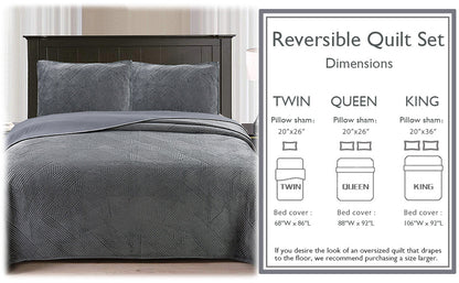 Soft Velvet Basket Weave Stripe Solid Blue or Grey 3-Piece Reversible Quilt Bedding Set