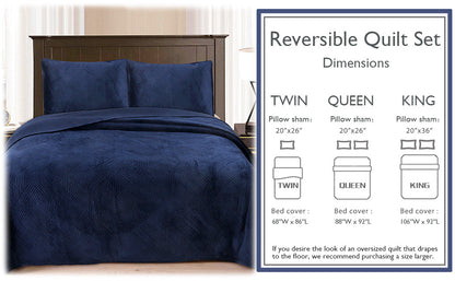 Soft Velvet Basket Weave Stripe Solid Blue or Grey 3-Piece Reversible Quilt Bedding Set