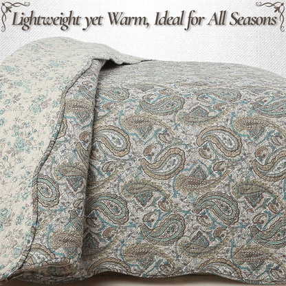 Aquamarine Turquoise Tan Brown Paisley 3 Piece Cotton Quilt Bedding Set