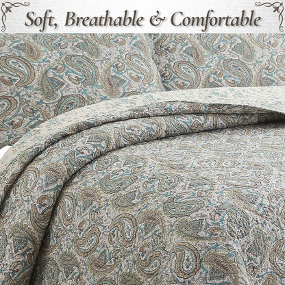 Aquamarine Turquoise Tan Brown Paisley 3 Piece Cotton Quilt Bedding Set