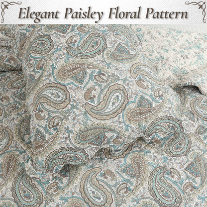 Aquamarine Turquoise Tan Brown Paisley 3 Piece Cotton Quilt Bedding Set