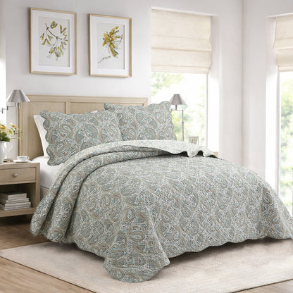 Aquamarine Turquoise Tan Brown Paisley 3 Piece Cotton Quilt Bedding Set