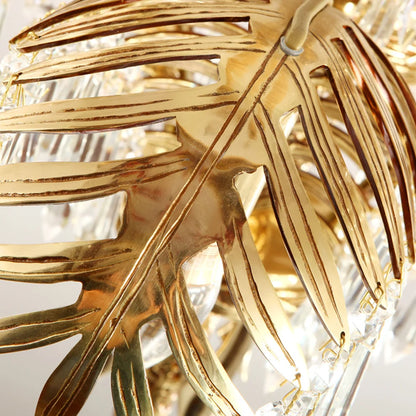 Brass Palm Leaf Crystal Chandelier