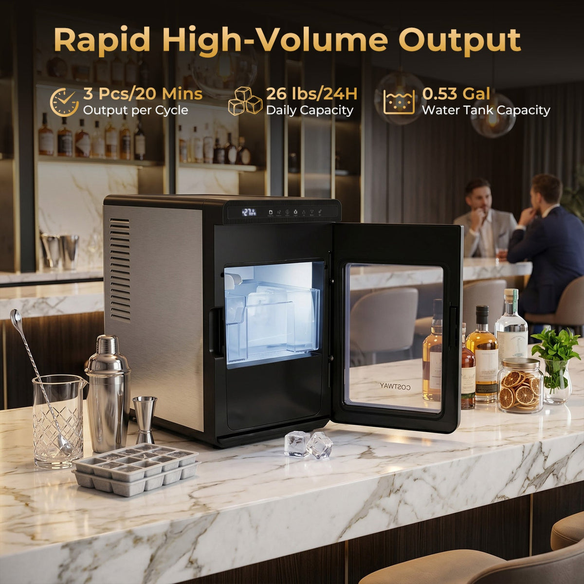 Countertop Ice Maker with 1.6" Clear Ice Cubes - 26 lbs/Day
