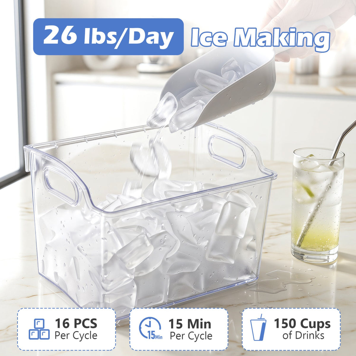 Countertop Ice Maker 26 Lbs/Day with Adjustable Thickness