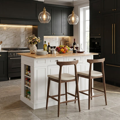 Kitchen Island with Storage with 2 Counter Height Solid Wood Bar Stools Set
