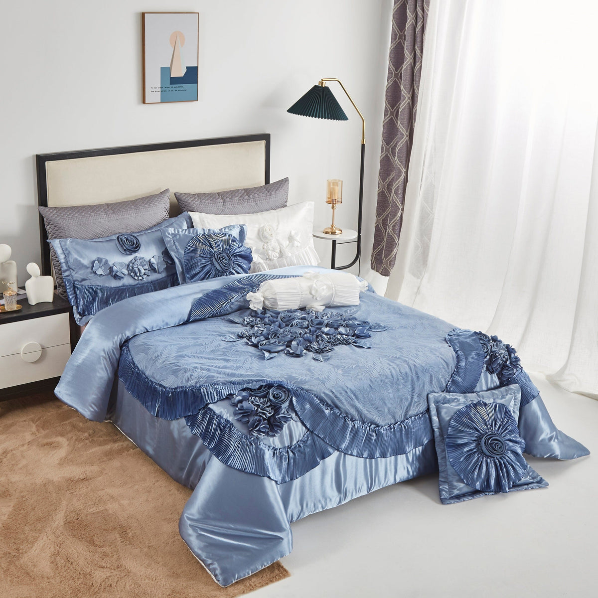 Tache Satin Floral Lace Ruffle Sweet Victorian Luxurious Blue Comforter Set (MZ002B)