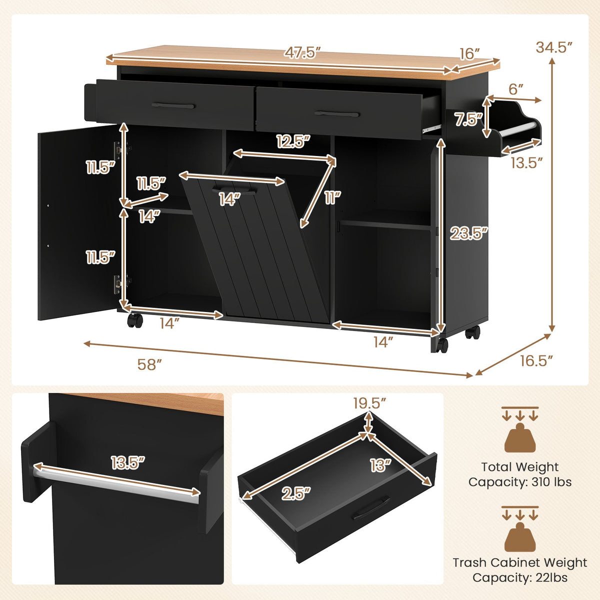 Mobile Kitchen Island Table with Trash Bag Storage for Dining Room