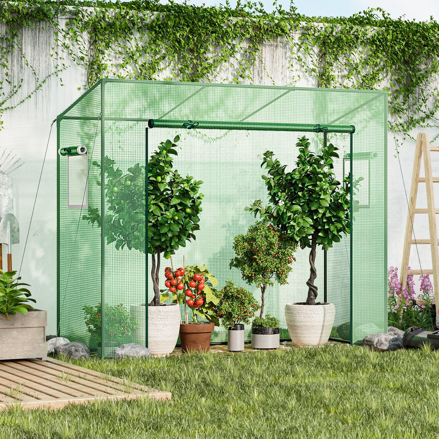Outdoor Portable Walk-in Greenhouse with PE Cover Heavy-Duty Metal Frame Roll-up Zipper Door