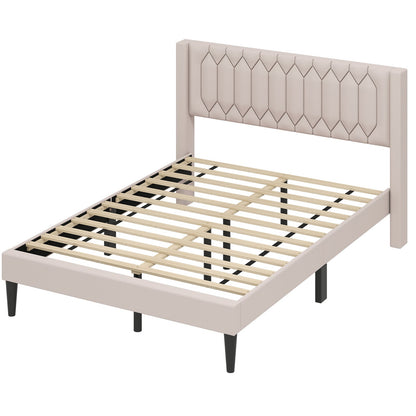 Queen Size Dutch Velvet/Linen Fabric Upholstered Platform Bed with Wingback Headboard and Wooden Slat Support